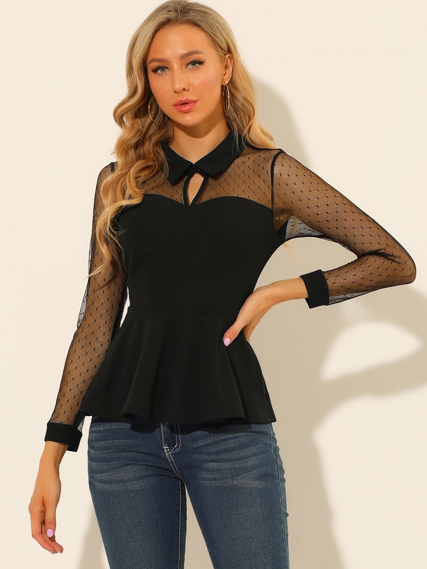 Allegra K Mesh Sheer Long Sleeve Blouse Turn Down Collar Keyhole Peplum Top