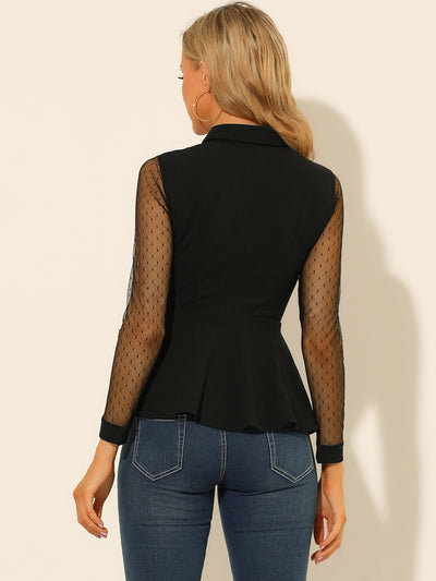 Mesh Sheer Long Sleeve Blouse Turn Down Collar Keyhole Peplum Top