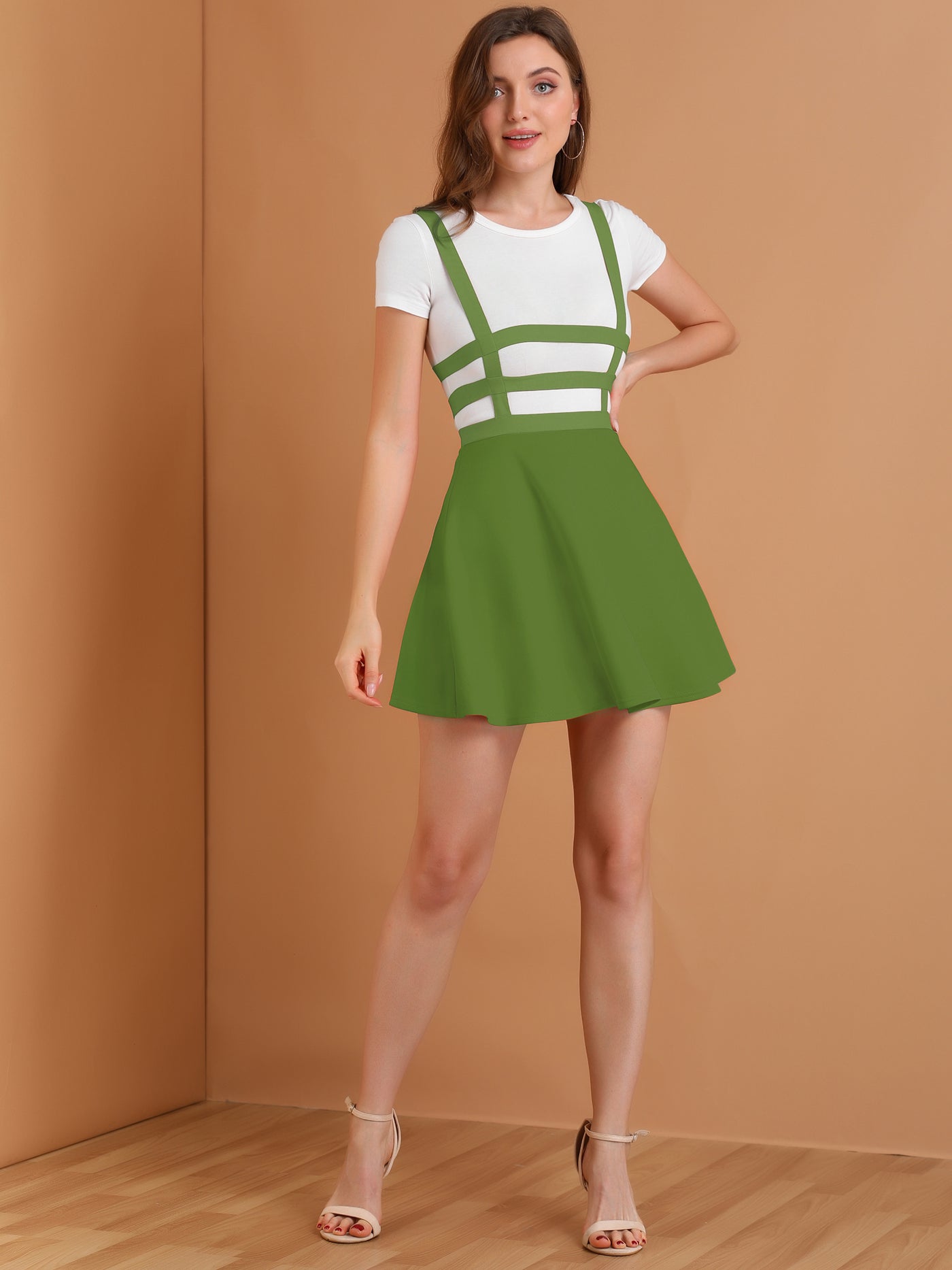 Allegra K Pleated Overall A-Line Elastic Waist Kawaii Braces Suspender Skirt