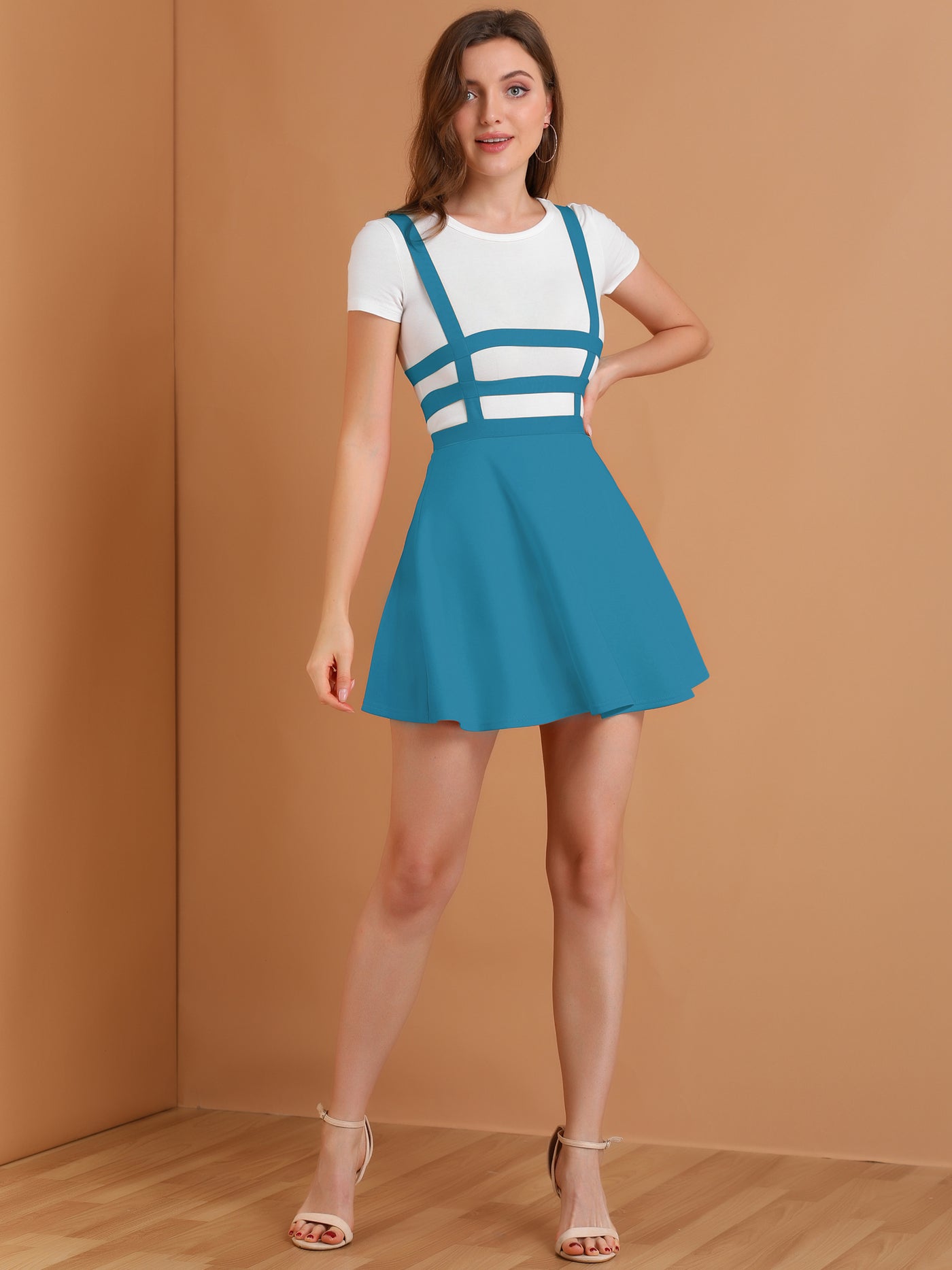 Allegra K Pleated Overall A-Line Elastic Waist Kawaii Braces Suspender Skirt