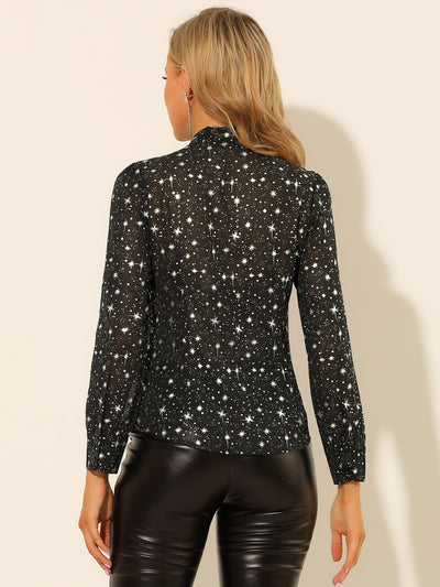 Printed Stars Top Long Sleeve Chiffon Bow Tie Neck Blouse