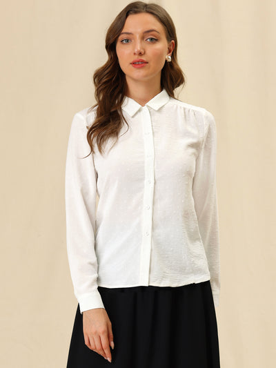 Office Point Collar Long Sleeve Swiss Dot Button Down Blouse