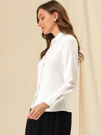 Office Point Collar Long Sleeve Swiss Dot Button Down Blouse