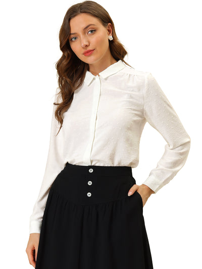 Office Point Collar Long Sleeve Swiss Dot Button Down Blouse