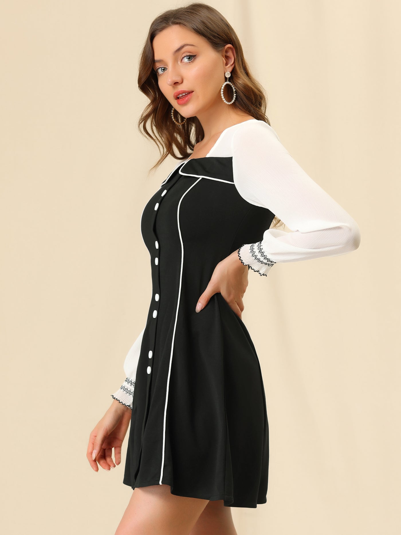 Allegra K A-Line Elegant Ruffled Sleeve Contrast Color Dress