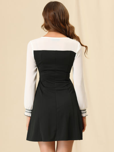 A-Line Elegant Ruffled Sleeve Contrast Color Dress