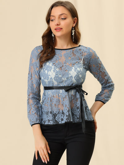 Elegant Tie Waist Long Sleeve Top Lace Peplum Blouses