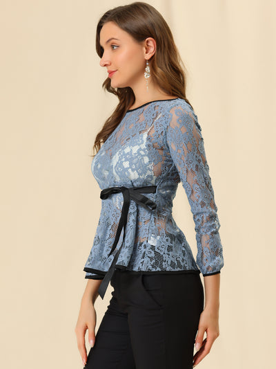 Elegant Tie Waist Long Sleeve Top Lace Peplum Blouses