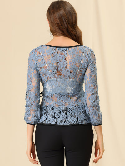 Elegant Tie Waist Long Sleeve Top Lace Peplum Blouses