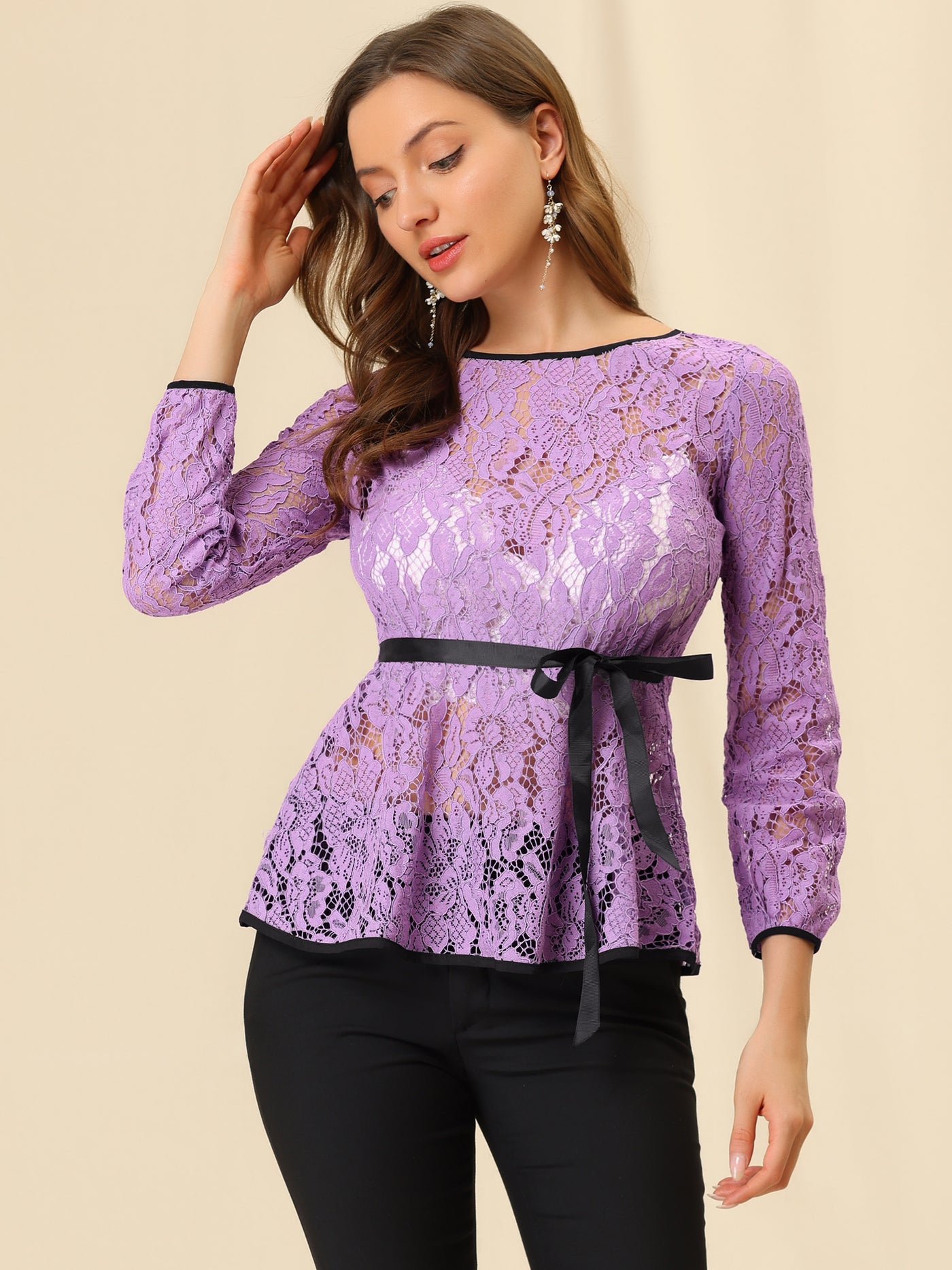 Allegra K Elegant Tie Waist Long Sleeve Top Lace Peplum Blouses