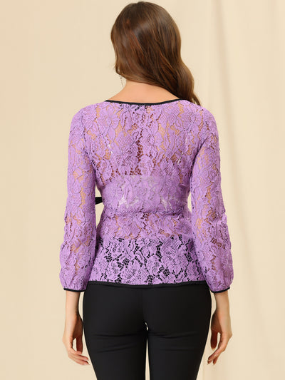 Elegant Tie Waist Long Sleeve Top Lace Peplum Blouses