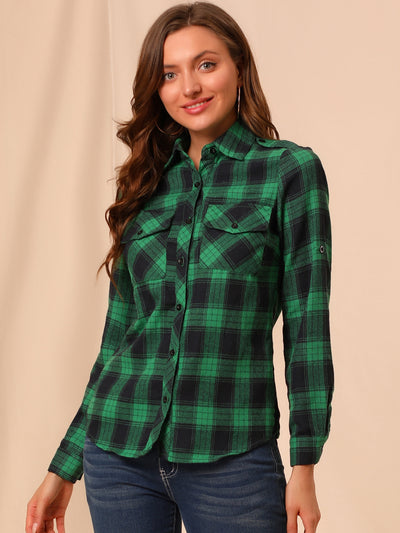 Roll Up Long Sleeve Christmas Button Down Plaid Flannel Shirt Top