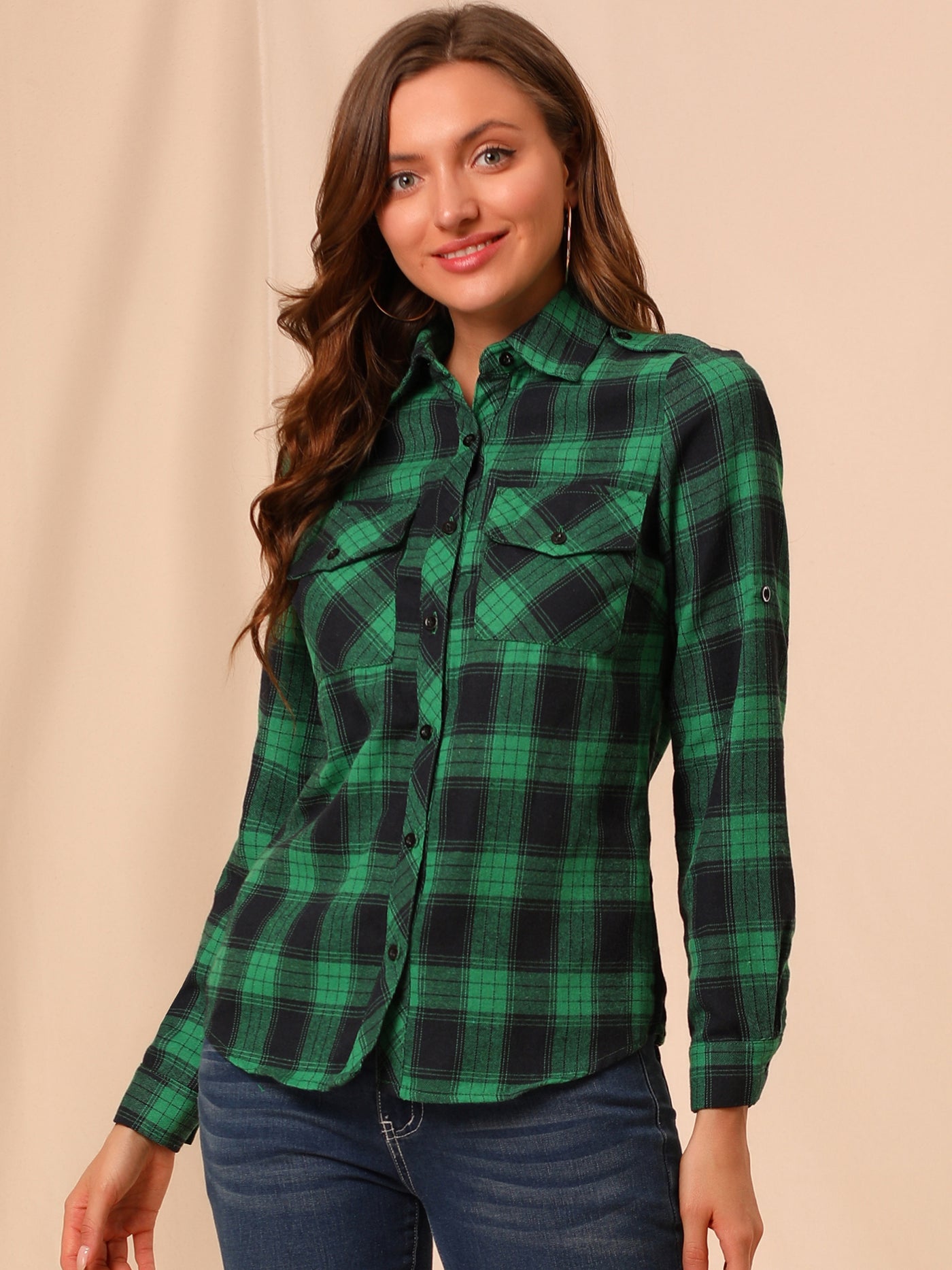 Allegra K Roll Up Long Sleeve Christmas Button Down Plaid Flannel Shirt Top