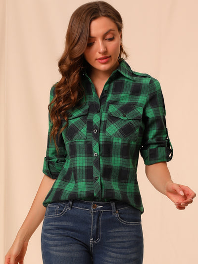 Roll Up Long Sleeve Christmas Button Down Plaid Flannel Shirt Top