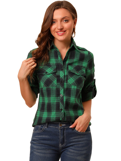 Roll Up Long Sleeve Christmas Button Down Plaid Flannel Shirt Top