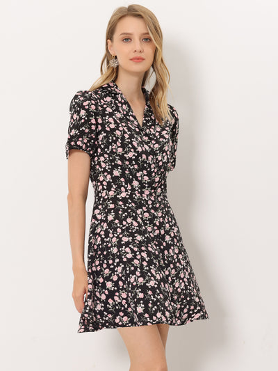 Button Up Short Sleeve A-Line Chiffon Vintage Floral Shirt Dress