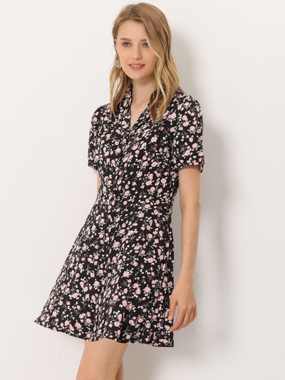 Button Up Short Sleeve A-Line Chiffon Vintage Floral Shirt Dress