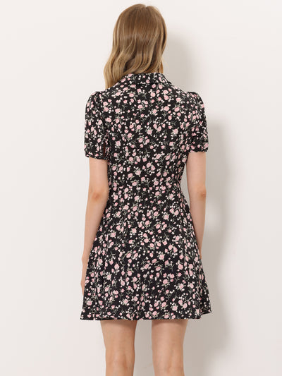 Button Up Short Sleeve A-Line Chiffon Vintage Floral Shirt Dress