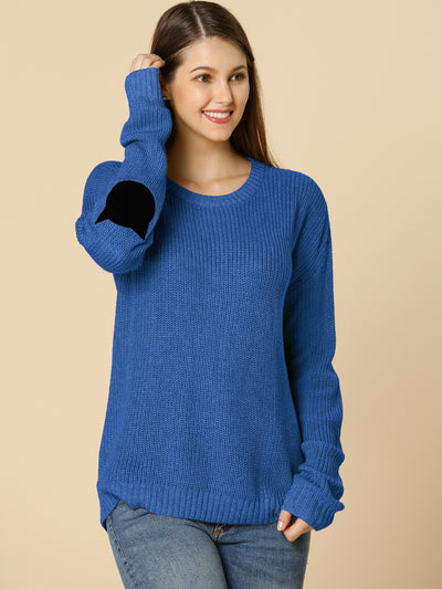 Elbow Patch Long Sleeve Cat Drop Shoulder Pullover Sweaters