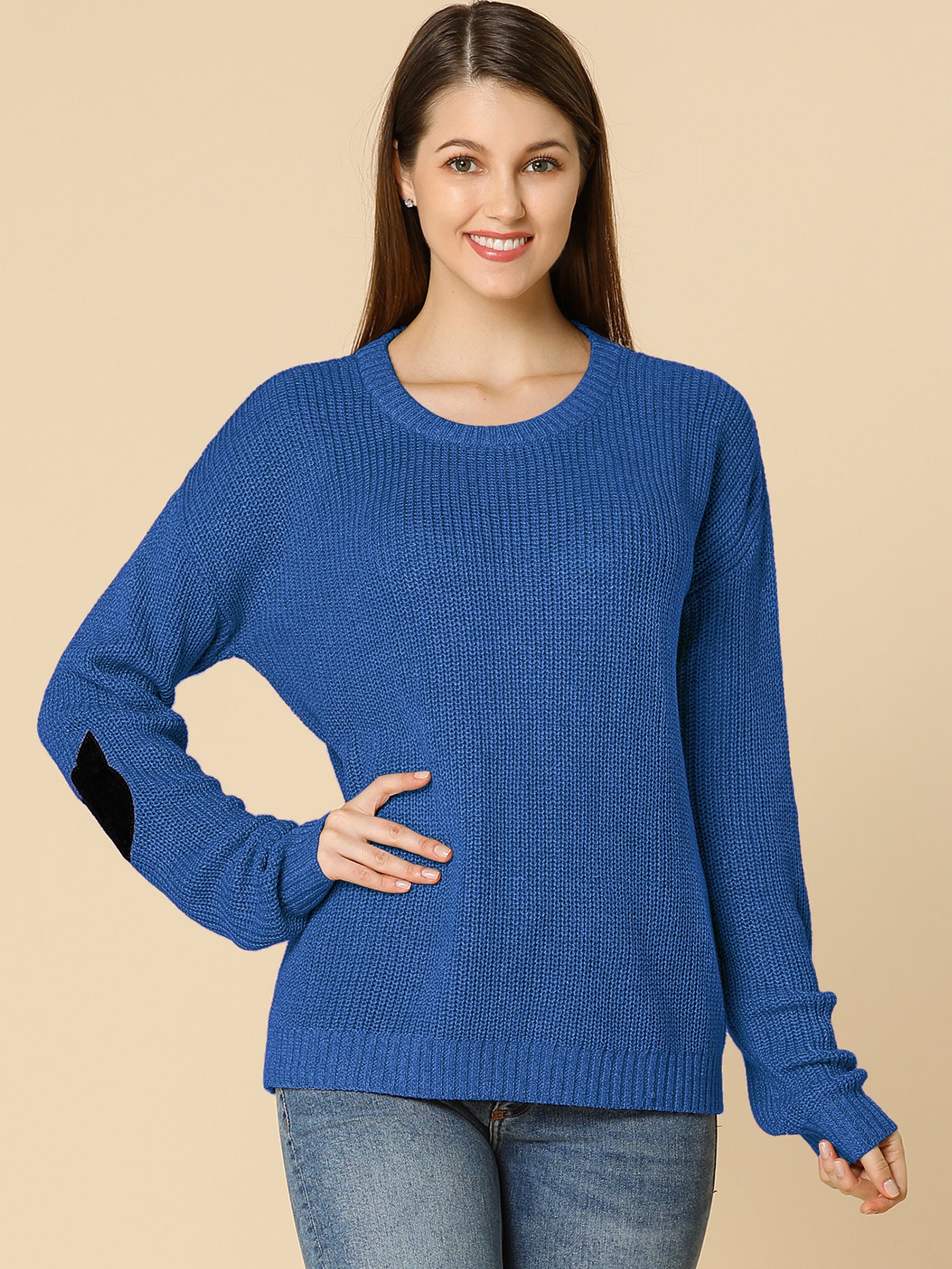 Allegra K Elbow Patch Long Sleeve Cat Drop Shoulder Pullover Sweaters