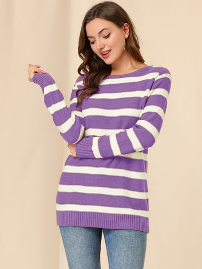 Round Neck Drop Shoulder Color Block Tunic Striped Sweater