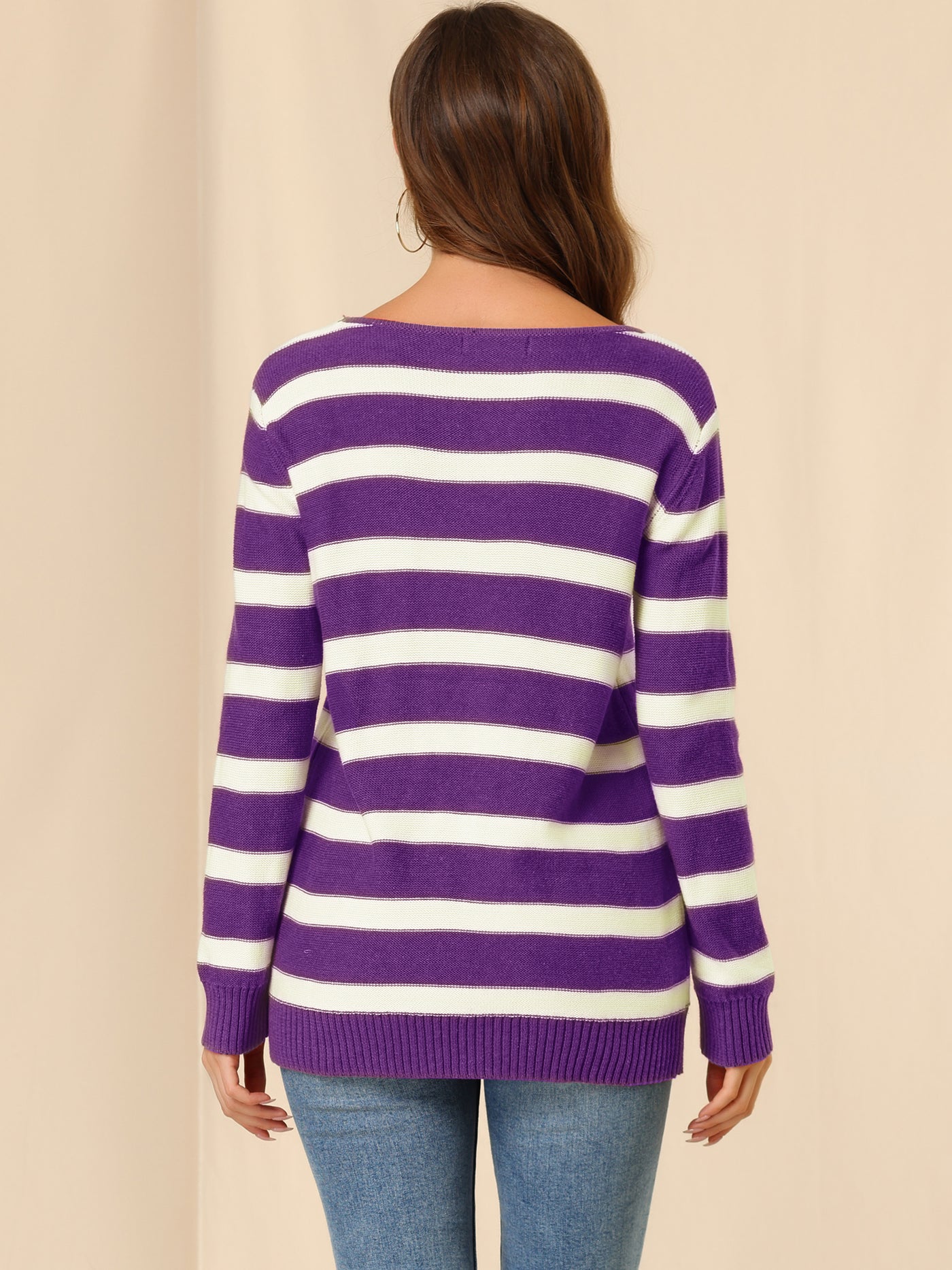 Allegra K Round Neck Drop Shoulder Color Block Tunic Striped Sweater