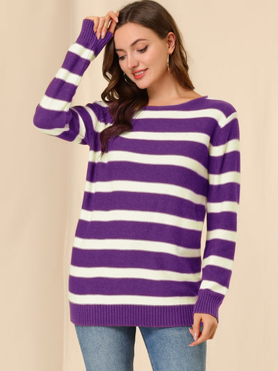 Round Neck Drop Shoulder Color Block Tunic Striped Sweater