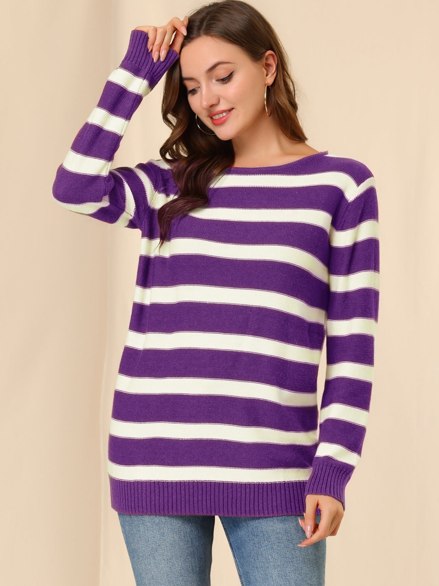 Allegra K Round Neck Drop Shoulder Color Block Tunic Striped Sweater