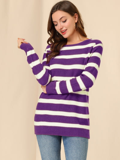 Round Neck Drop Shoulder Color Block Tunic Striped Sweater