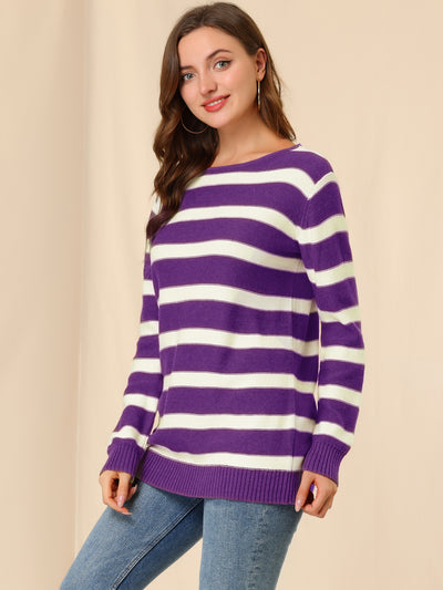 Round Neck Drop Shoulder Color Block Tunic Striped Sweater