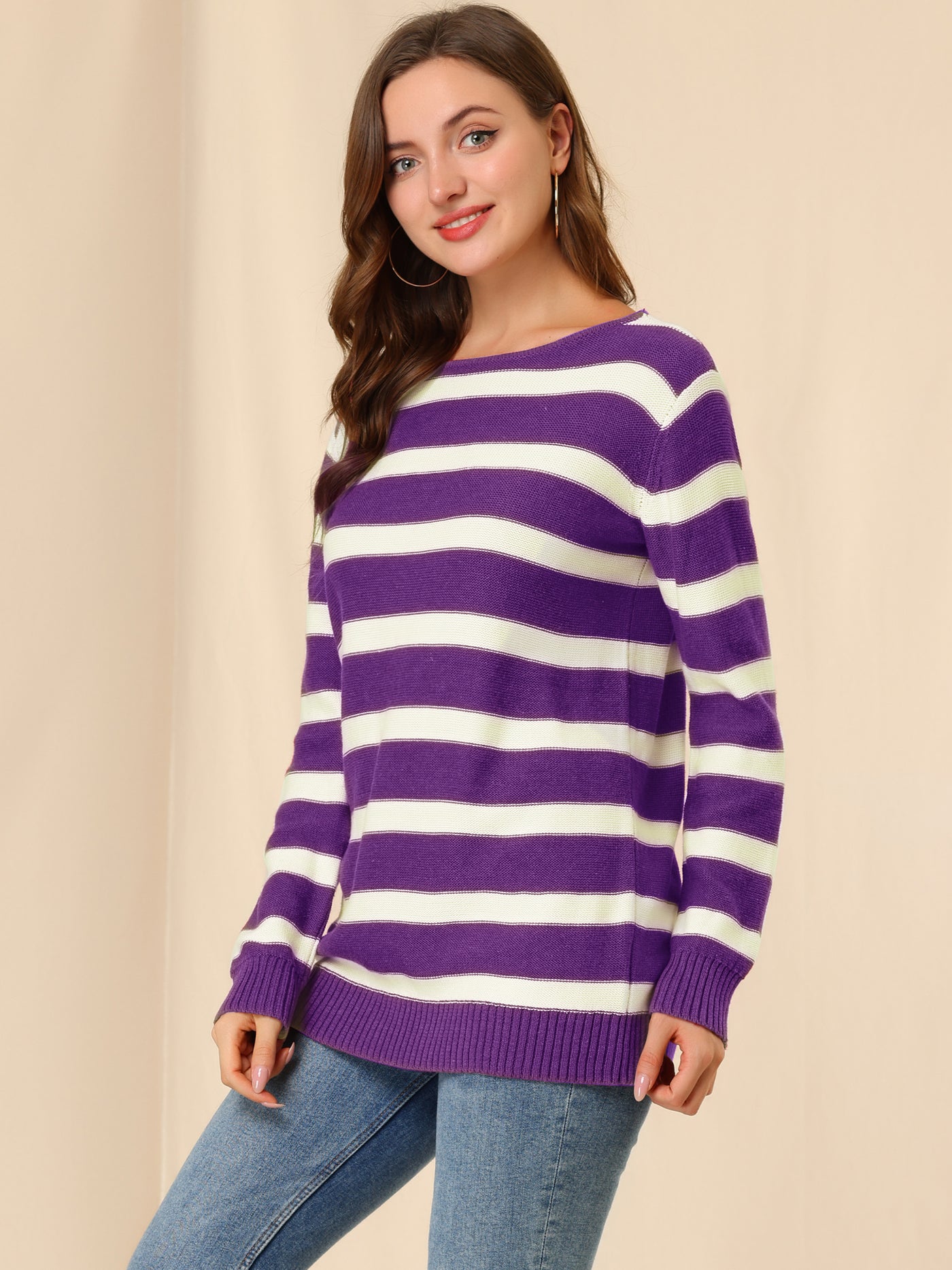 Allegra K Round Neck Drop Shoulder Color Block Tunic Striped Sweater