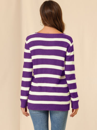 Round Neck Drop Shoulder Color Block Tunic Striped Sweater