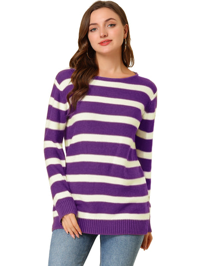 Round Neck Drop Shoulder Color Block Tunic Striped Sweater