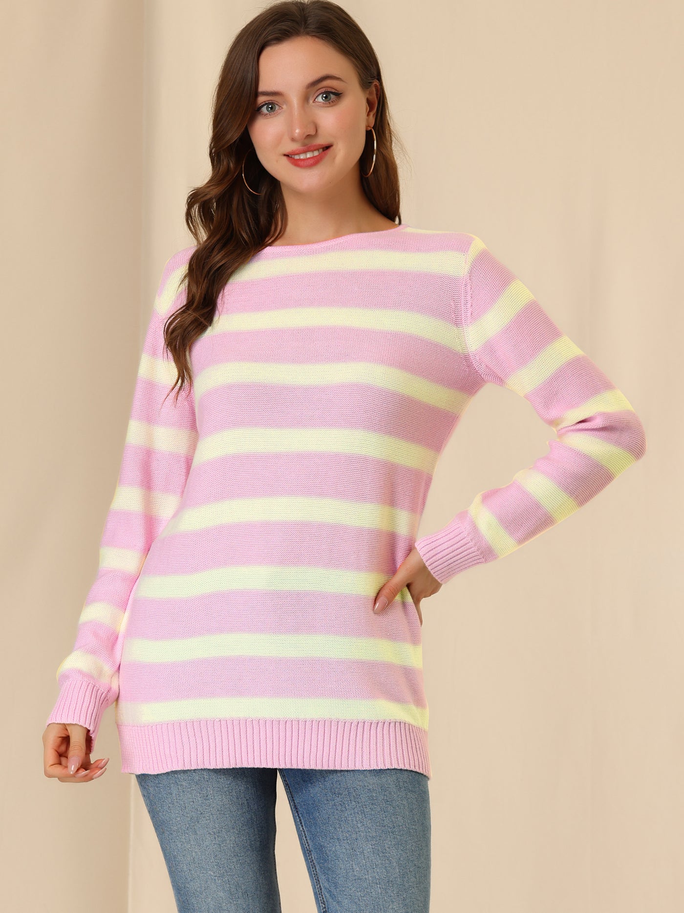 Allegra K Round Neck Drop Shoulder Color Block Tunic Striped Sweater