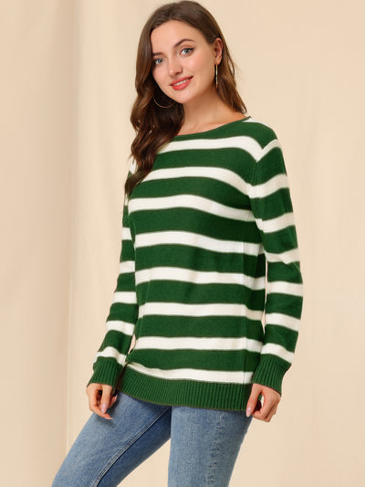 Round Neck Drop Shoulder Color Block Tunic Striped Sweater