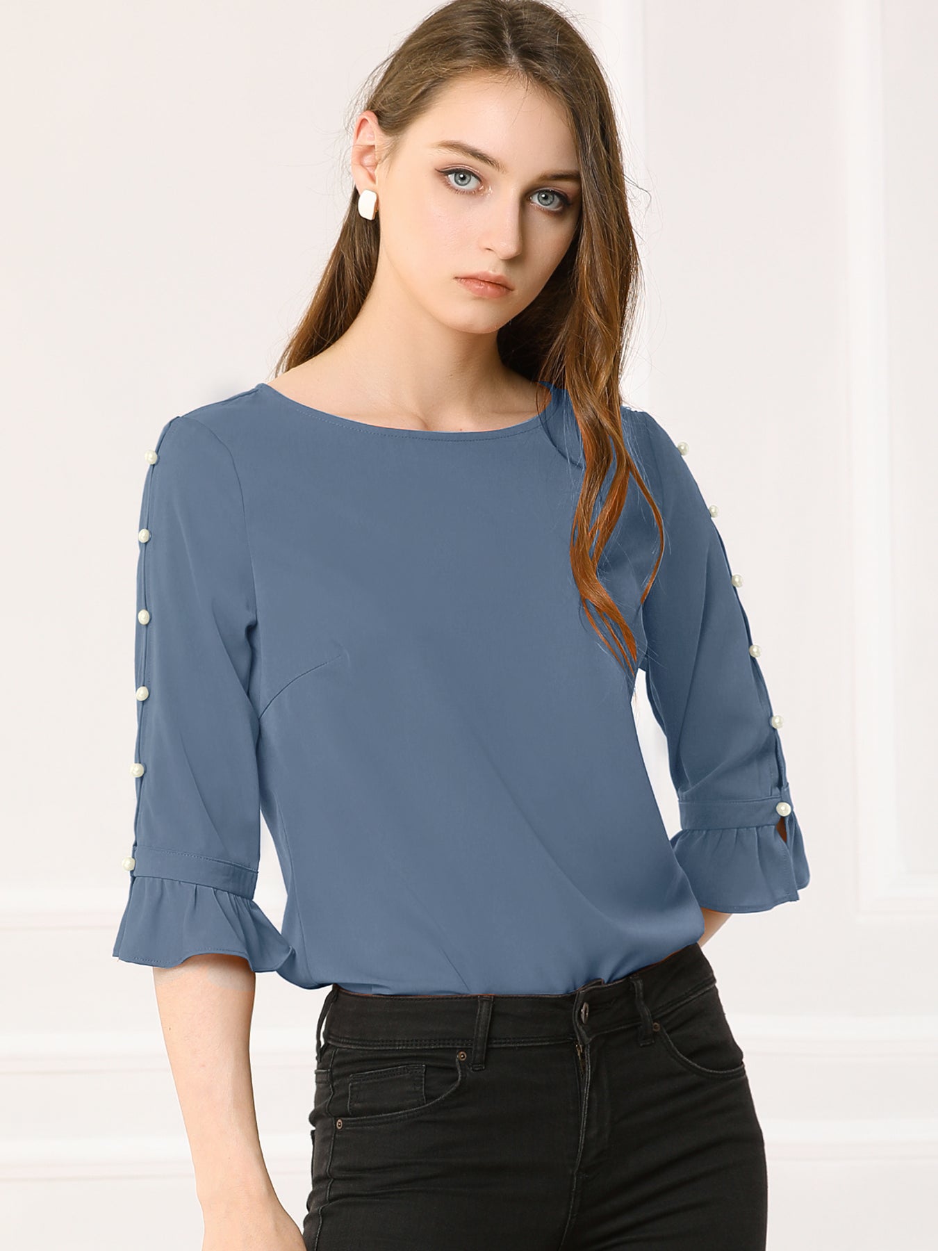 Ruffle Half Sleeve Keyhole Casual Tops Button Solid Blouse Top | Allegra K