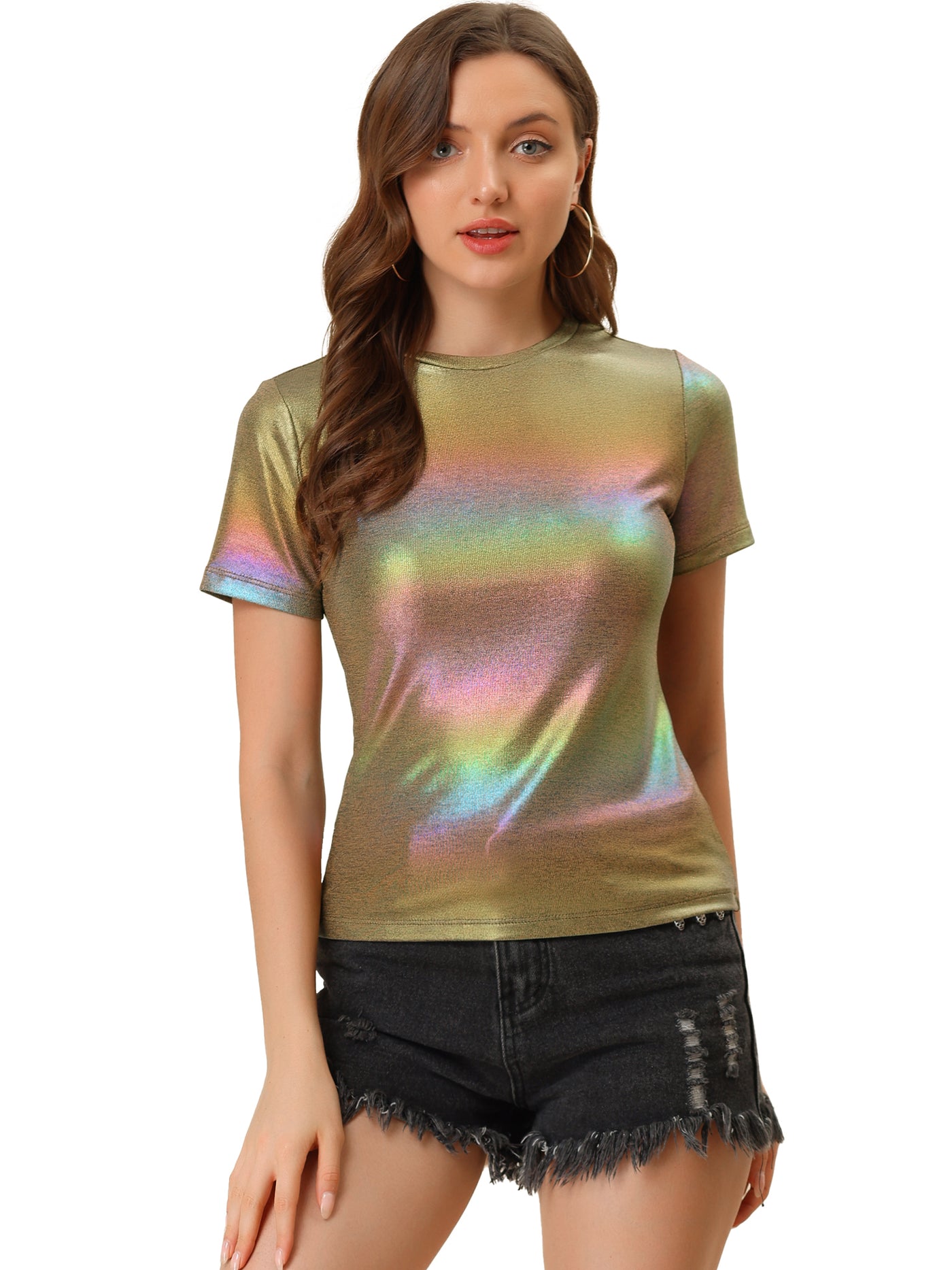 Allegra K Party Metallic Textured Short Sleeve Shiny Multicolor Top