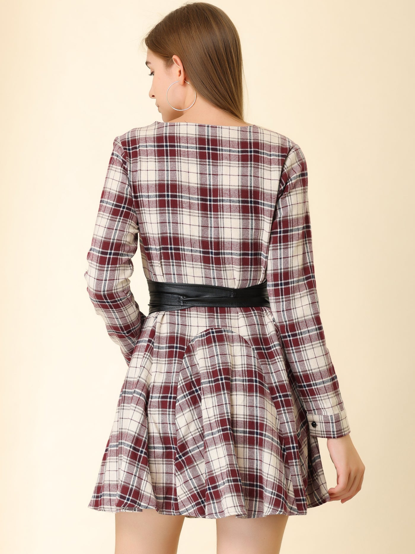 Allegra K Plaid Long Sleeve Button Down Belted Mini Shirtdress