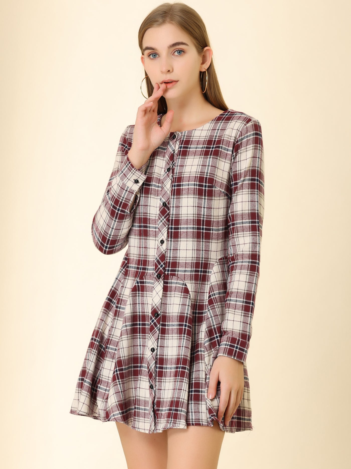 Allegra K Plaid Long Sleeve Button Down Belted Mini Shirtdress