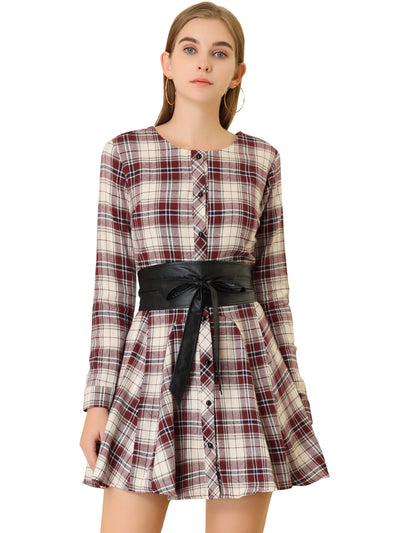 Plaid Long Sleeve Button Down Belted Mini Shirtdress