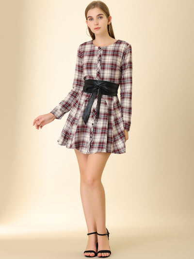 Plaid Long Sleeve Button Down Belted Mini Shirtdress