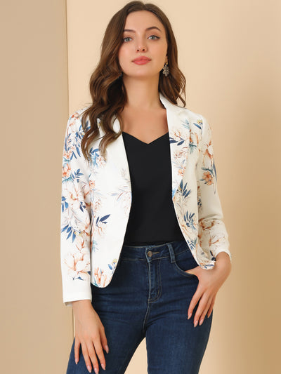 Allegra K Open Front Floral Work Business Crop Blazer Jacket