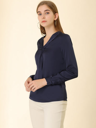 Satin Tie Neck Long Sleeve Solid Color Elegant Office Work Shirt Top