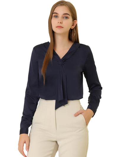 Satin Tie Neck Long Sleeve Solid Color Elegant Office Work Shirt Top