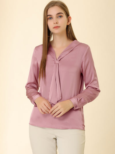 Satin Tie Neck Long Sleeve Solid Color Elegant Office Work Shirt Top