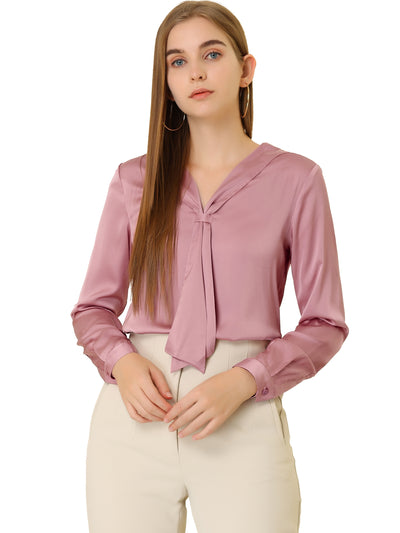 Satin Tie Neck Long Sleeve Solid Color Elegant Office Work Shirt Top