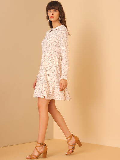 Floral Peter Pan Collar Keyhole Long Sleeve Ruffle Chiffon Dress