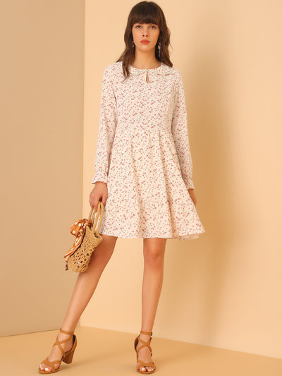 Floral Peter Pan Collar Keyhole Long Sleeve Ruffle Chiffon Dress