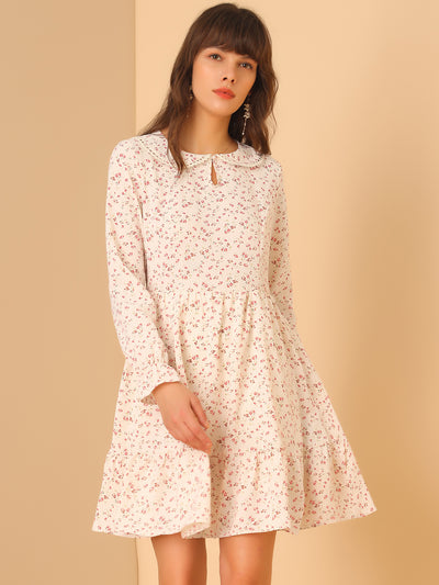 Floral Peter Pan Collar Keyhole Long Sleeve Ruffle Chiffon Dress