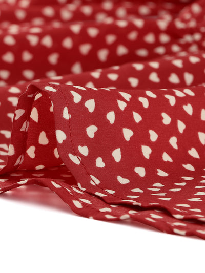 Heart Print Blouse Bow Tie Decor Puff Sleeve Ruffle Hem Peplum Tops